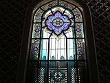 Muscat 04 Grand Mosque 10 Colourful Stained Glass Window The main prayer hall is set with stained glass windows with geometric designs and pictures of plants.